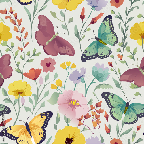 Modern Seamless Vector Pattern of Colorful Summer Butterflies and Wildflowers, Artistic Floral Garden Illustration for Textile and Wallpaper Design