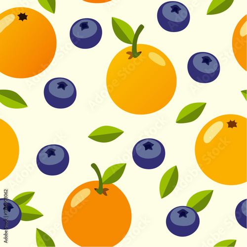 Seamless Vector Pattern of Fresh Oranges and Blueberries with Green Leaves, Vibrant Fruit Background for Textile Design