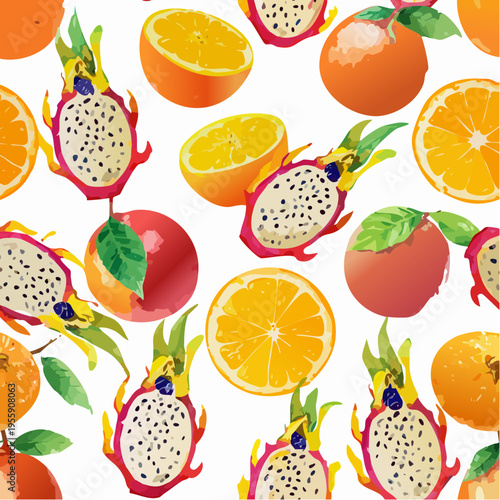 Seamless Pattern of Vibrant Whole and Sliced Oranges with Exotic Pitaya Dragon Fruit