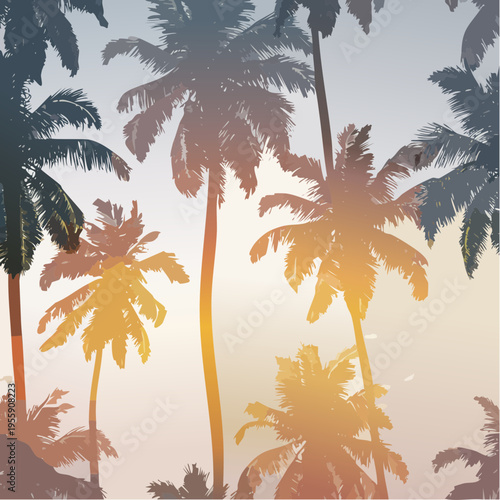Seamless Vector Tropical Palm Trees Pattern, Stylized Summer Coconut Tree Silhouettes Background for Wallpaper and Textile Design