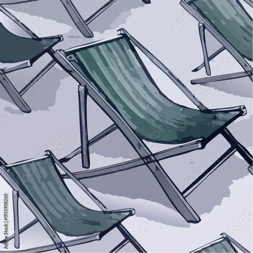 Seamless Vector Pattern of Stylized Summer Beach Deck Chairs with Aesthetic Hand-Drawn Design