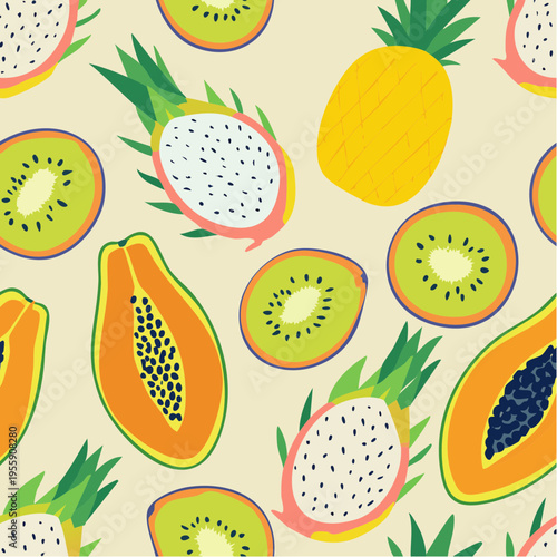 Vibrant Seamless Vector Pattern Featuring Exotic Tropical Fruits Like Pineapple, Dragon Fruit, Kiwi, and Papaya