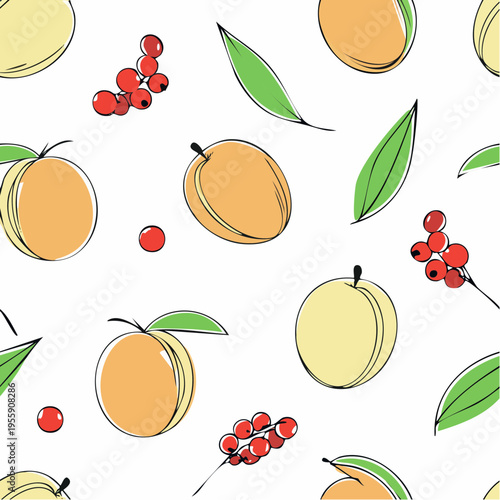 Seamless Vector Pattern with Apricots Red Currants and Green Leaves on a White Background for Summer Textile and Wallpaper Design