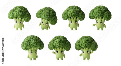 cute broccoli characters waving and posing cheerfully on a clean white background health food or educational content