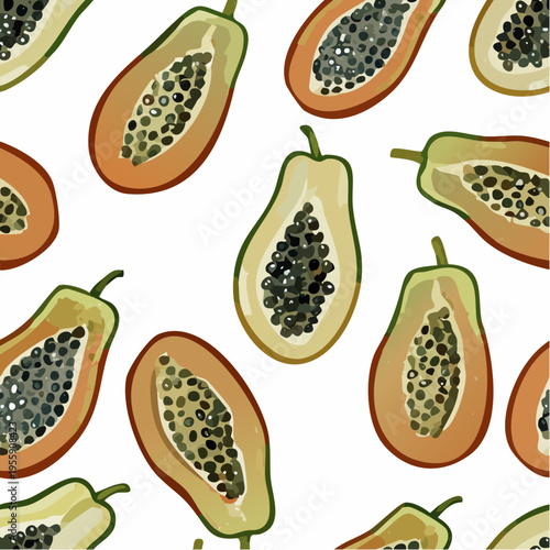Seamless Vector Pattern of Sliced Tropical Papaya Fruit with Seeds on White Background