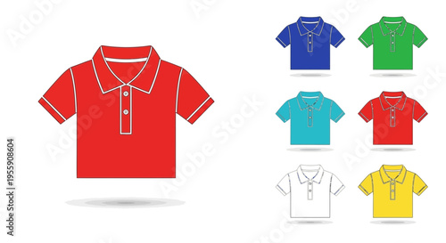Flat vector illustration set of colorful polo shirts, front view, multiple color variations including red, blue, green, yellow, and white, clean and minimal design, solid colors without gradients, mod