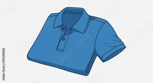 Flat vector illustration of a blue polo shirt in slight perspective view, clean outline with subtle detail lines, solid color without gradients, modern minimal style, isolated on light background