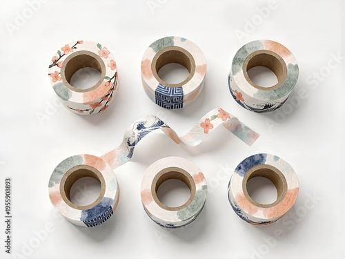 Patterned washi tape rolls arranged in flat lay