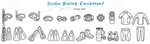 Scuba diving equipment includes essential items for underwater exploration such as masks, fins, and tanks. This icon set beautifully represents variety of gear needed for exciting dive experience