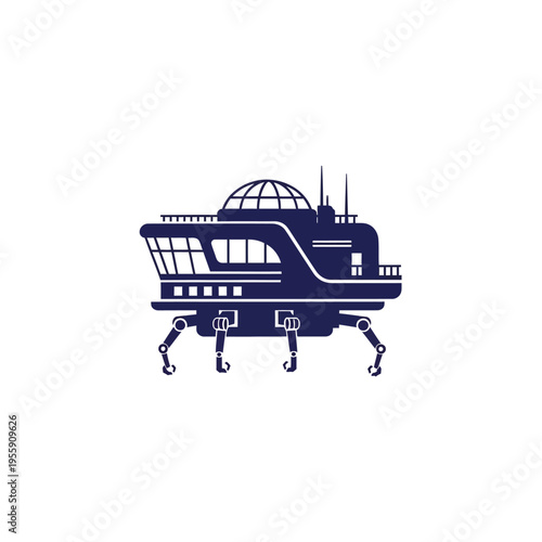 Minimalist vector illustration of an advanced futuristic robotic exploration vehicle, a sophisticated mobile research station for scientific discovery in remote environments