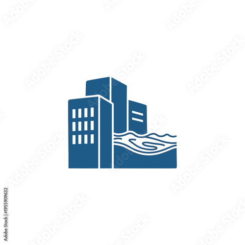 Modern buildings in waterfront area with wavy water graphic element