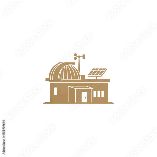 Minimalist scientific observatory and weather station icon with solar panel, representing research, climate monitoring, and astronomical observation