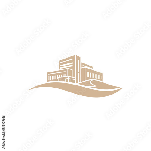 Minimalist architectural design of a modern building situated on rolling desert dunes, an emblem of serene establishment