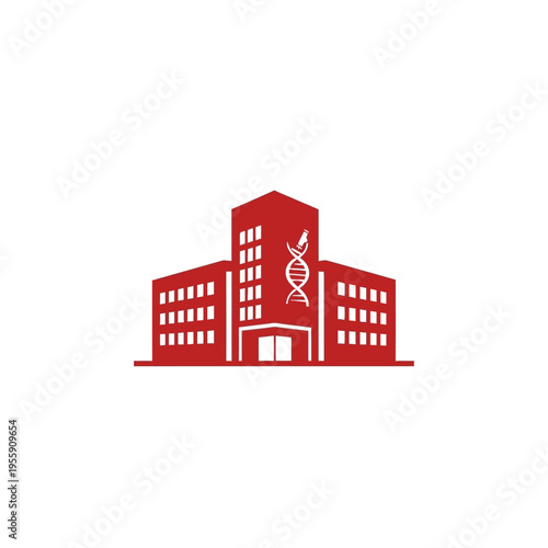 Minimalist red building icon with a prominent DNA helix, symbolizing advanced genetic research, biotechnology development, and scientific innovation in medicine