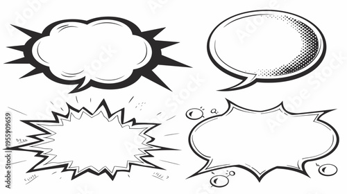 Collection of four graphic speech bubbles in black and white, comic style