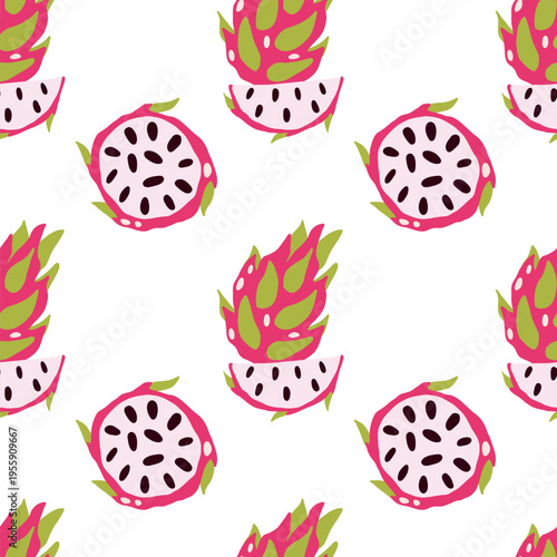 Vector pattern of dragon fruit on a light background. Exotic fruit, Pitahaya, fabric, pattern