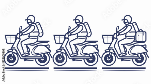 Three stylized couriers riding scooters, each with a basket and different bag