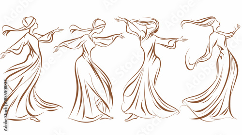 Four outlined women with dresses, arms outstretched, seemingly dancing, brown and white