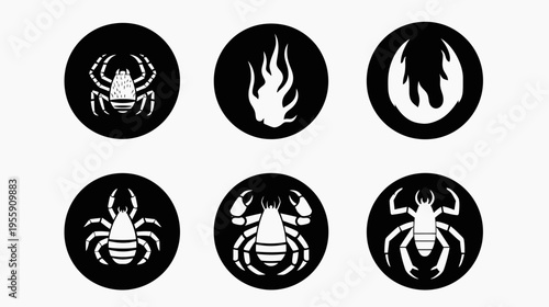 Six black circles containing various white stylized insect and fire designs