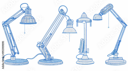 Line art of four different styles of desk lamps in blue tones, on a white background
