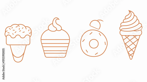 Illustration of dessert outlines ice cream cones, cupcake, donut, brown on white