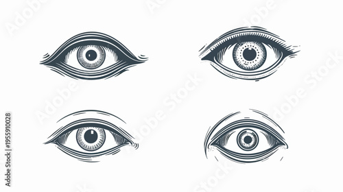 Four stylized pairs of eyes, each with a unique illustrative design on a white background