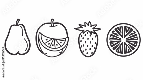 Four outlined fruit images pear, orange, strawberry and cut lemon slice