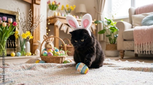 Black cat wearing bunny ears playing with colorful Easter egg in cozy decorated living room with spring holiday atmosphere