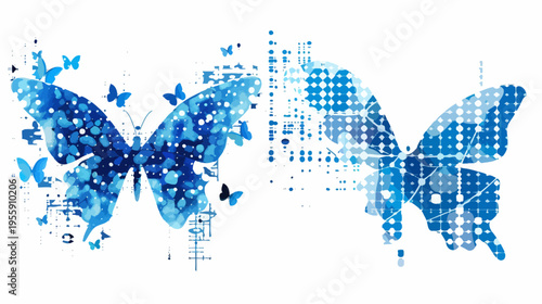 Two abstract butterflies in shades of blue, made of watercolor and dotted patterns