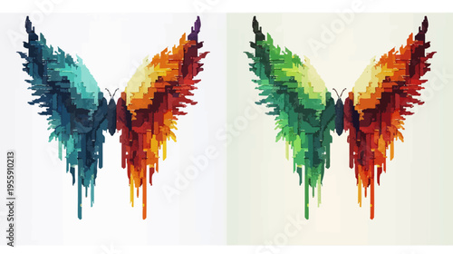 Twin pixelated butterfly wings one blue/orange, the other green/red. Drip effect