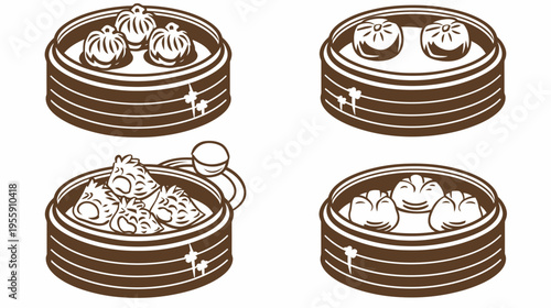 Dumplings in brown bamboo steamer baskets, vector illustration on a white background