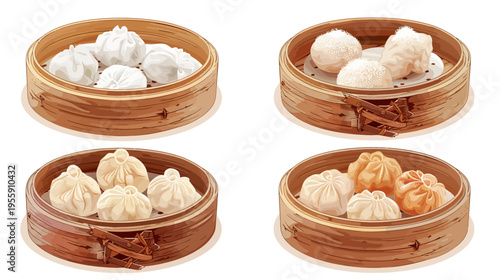 Four stacked, wooden dim sum steamers containing various steamed buns and dumplings