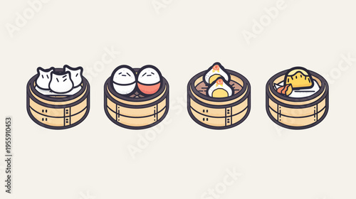 Four bamboo steamers filled with varied dumplings in a cute, flat illustration style