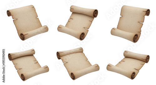 collection of old parchment scrolls arranged on white surface for presenting historical or legal documents and messages isolated