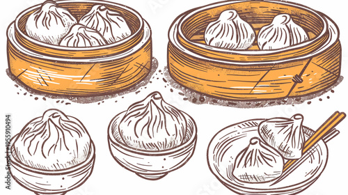 Illustrated dumplings in bamboo steamers and bowls, in an appetizing sketch style