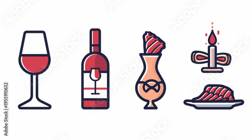 An illustration of wine, candle, flowers and sashimi with thick dark outlines on white