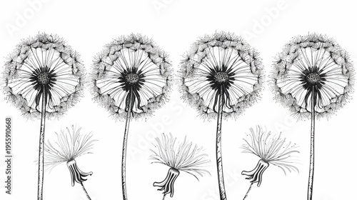 Four dandelions in black and white, two in full bloom, two with less fluff
