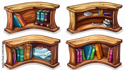 Cartoonish wooden bookshelves with books and papers in various arrangements and colors