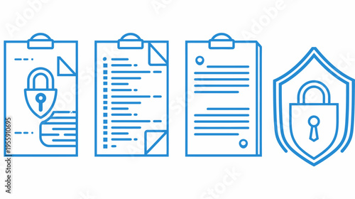 Blue outline icons of documents on clipboards and a security shield