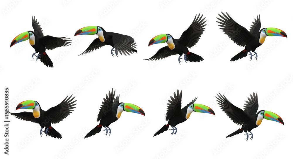 Naklejka premium cartoon toucan bird in flight against white background animation sequence for illustration or design