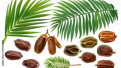 Illustration of fresh dates and palm fronds arranged on a white background