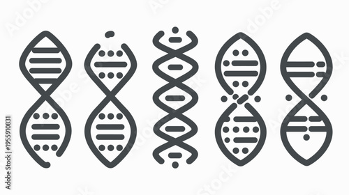 Stylized DNA double helix icons in varying forms, dark gray on white background