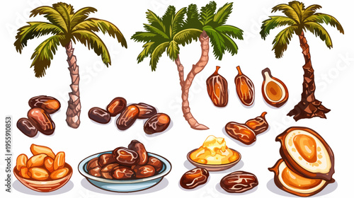 Illustration of dates and palm trees with pixel art style isolated on white background