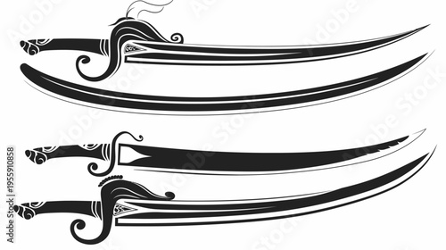 Stylized, black and white illustration of three curved swords in a semi-ornate style