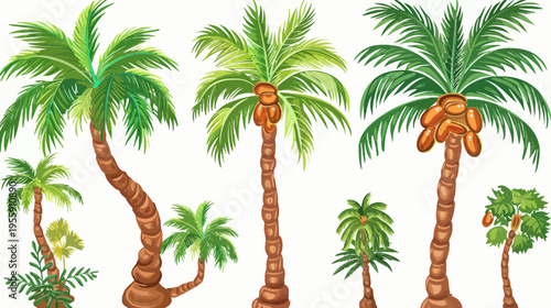 Cartoon style palm trees of various heights, some bearing fruit, against a white background