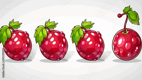Four cartoon style raspberries with green leaves on a white background