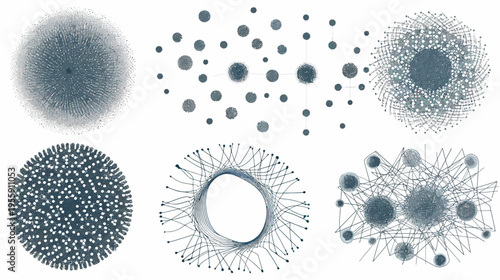 Six abstract networked diagrams arranged neatly on a white background