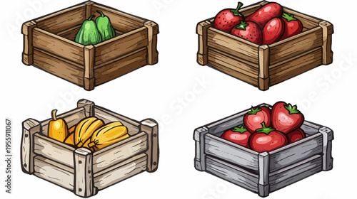 Four crates filled with various produce, rendered in an isometric, cartoonish style