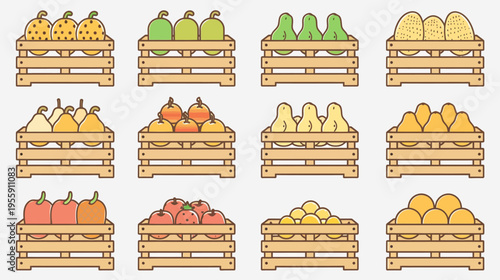 Variety of fruits and pears in wooden crates, cartoonish style, bright colors, isolated