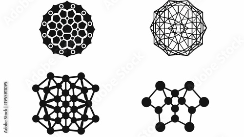 Four abstract black and white geometric figures on a white background